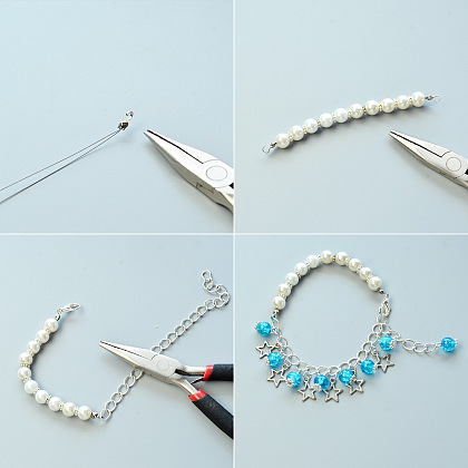 Bracelet de perles craquelées bleues avec pendentifs étoiles-3