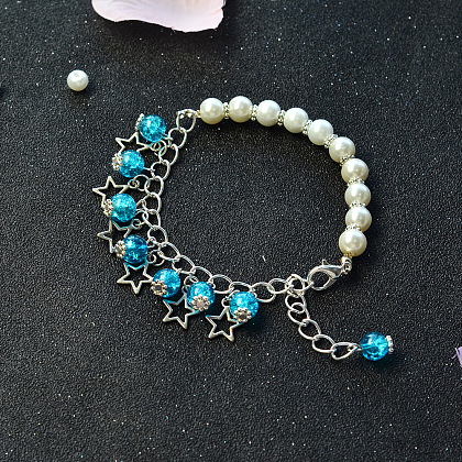 Bracelet de perles craquelées bleues avec pendentifs étoiles-5