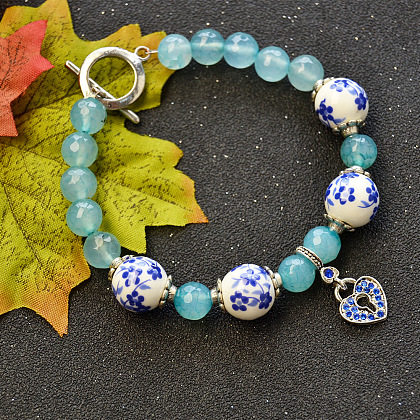 Braccialetto di perle di porcellana fatto a mano con perle di agata blu-1