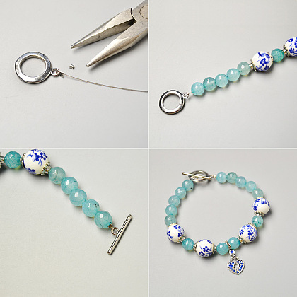 Braccialetto di perle di porcellana fatto a mano con perle di agata blu-3