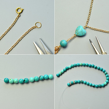 Collier à pendentif en perles turquoise à trois niveaux-4