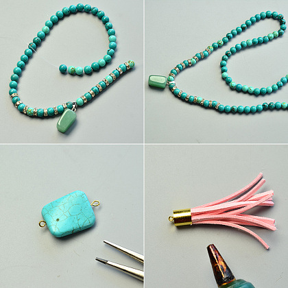 Collier à pendentif en perles turquoise à trois niveaux-5