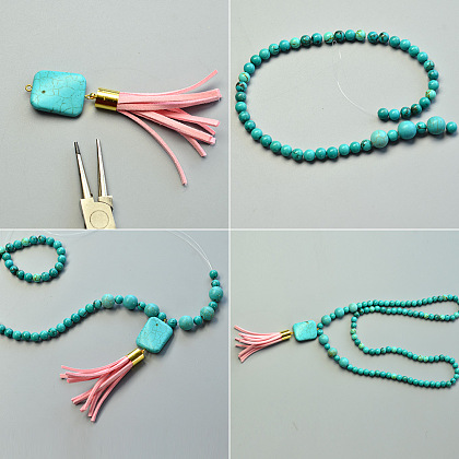 Collier à pendentif en perles turquoise à trois niveaux-6