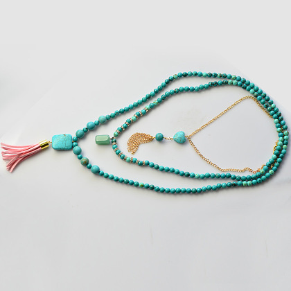 Collier à pendentif en perles turquoise à trois niveaux-7
