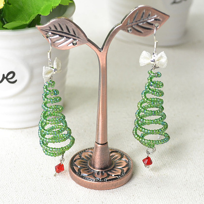 Wire Christmas Tree Earrings with Seed Beads-6