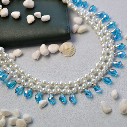 Collier plastron en perles de verre avec pendentifs en perles de verre goutte bleue-5