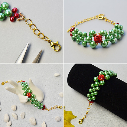 Bracelet point de perles de verre vert pour noël-4