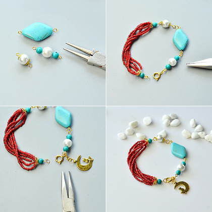 Bracelet de perles de rocaille rouges avec perles turquoise-4