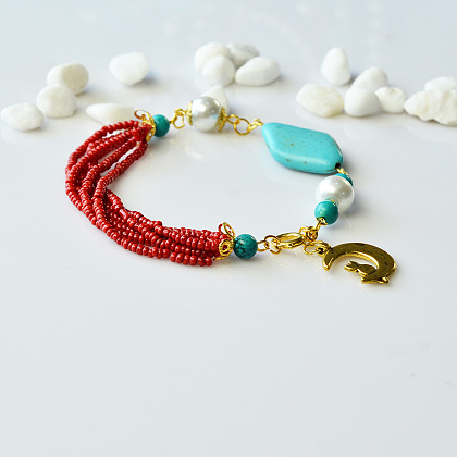 Bracelet de perles de rocaille rouges avec perles turquoise-5