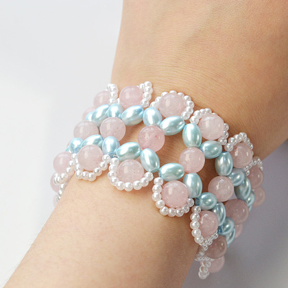 Bracelet large en perles de quartz rose avec perles nacrées-1