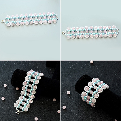 Bracelet large en perles de quartz rose avec perles nacrées-6