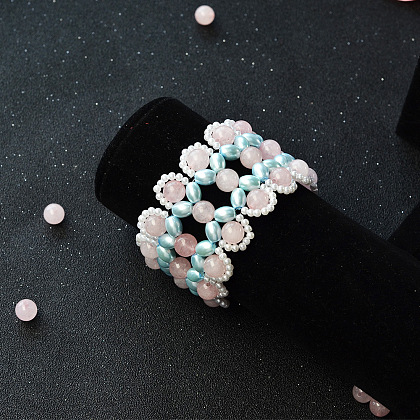 Bracelet large en perles de quartz rose avec perles nacrées-8