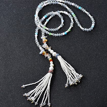 Glass Beads Necklace with Pearl Beads Tassels-6