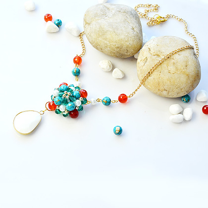Flower Turquoise Beads Stitch Necklace-7