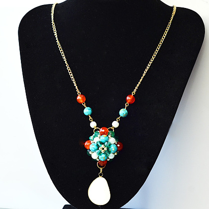 Flower Turquoise Beads Stitch Necklace-1