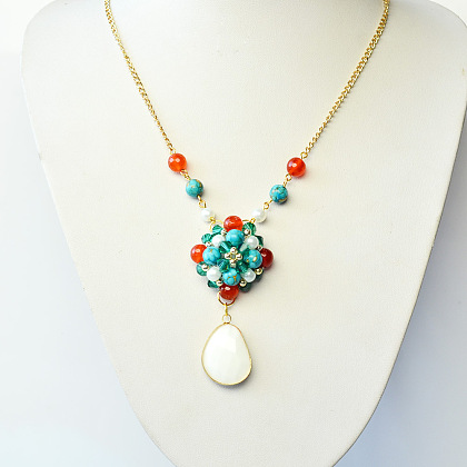 Flower Turquoise Beads Stitch Necklace-8