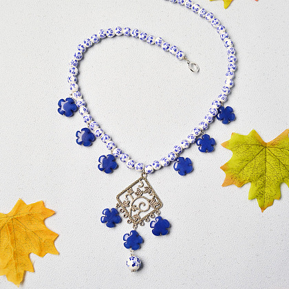 Printed Porcelain Beads Necklace with Flower Jade Beads-7