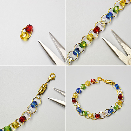Bracelet en perles de verre de couleurs mélangées avec anneaux ouverts-3