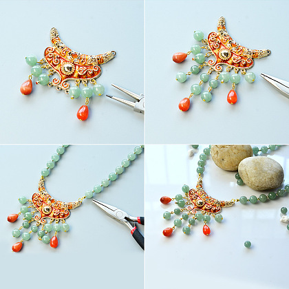 Collier pendentif en perles d'aventurine verte naturelle, avec lien de lustre en alliage émaillé-4