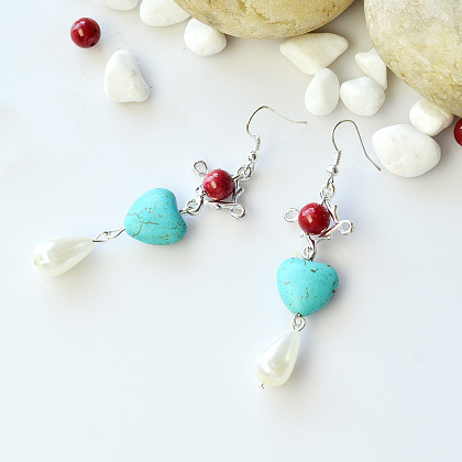 Серьги с подвесками в форме сердца из бирюзовых бусин-4