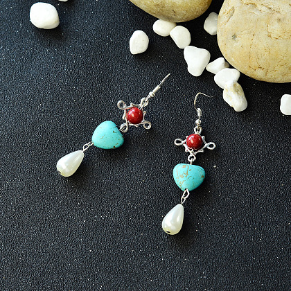 Серьги с подвесками в форме сердца из бирюзовых бусин-5