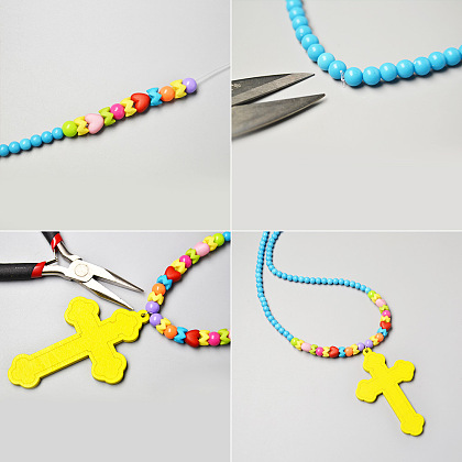 Collier de perles acryliques colorées avec pendentifs croix-3