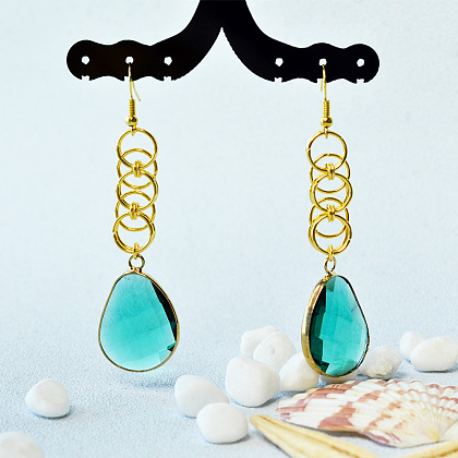 Boucles d'oreilles anneaux ouverts avec pendentifs en verre-5