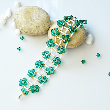 Perles de clairon en verre blanc et bracelet large en perles de verre bicône vertes-1