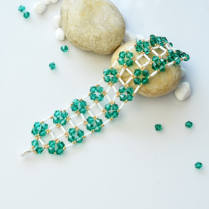 Perles de clairon en verre blanc et bracelet large en perles de verre bicône vertes-6