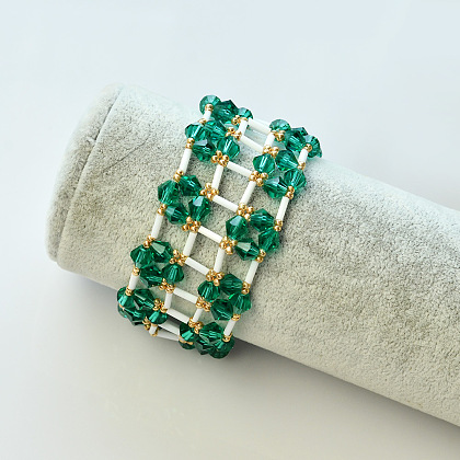 Perles de clairon en verre blanc et bracelet large en perles de verre bicône vertes-7