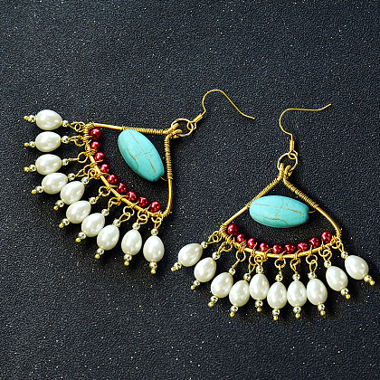 Fan-shaped Pearl Beads Dangle Earrings-5