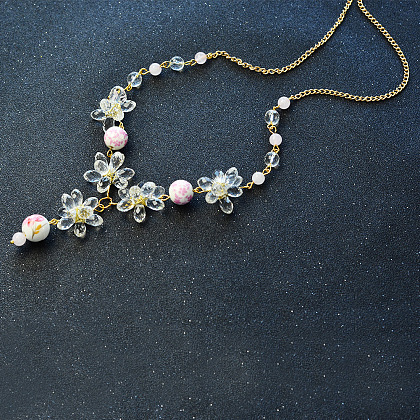 Collier pendentif en perles de verre de cristal avec perles en porcelaine imprimées de fleurs-6