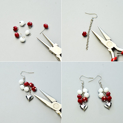 Heart Alloy Charms Earrings with Imitation Jade Glass Beads-3