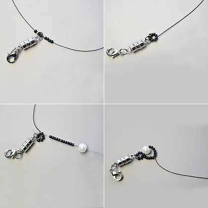 Bracelet point de perles blanches avec perles de rocaille noires-3