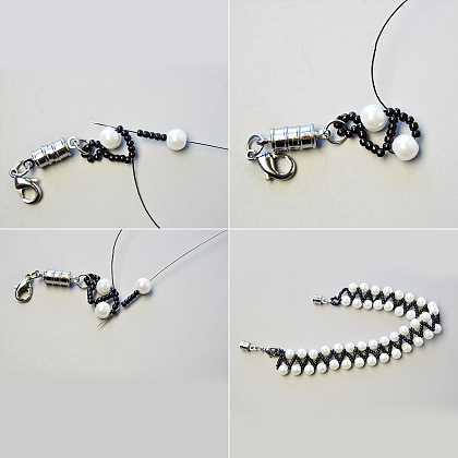 Bracelet point de perles blanches avec perles de rocaille noires-4