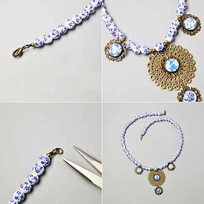 Halskette aus Porzellanperlen mit Glascabochons-Anhängern-4