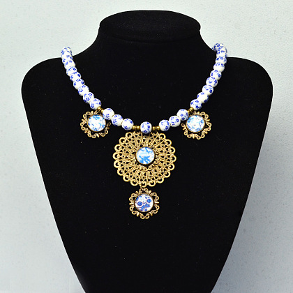 Collier de perles en porcelaine avec pendentifs cabochons de verre-5