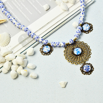 Porcelain Beads Necklace with Glass Cabochons Pendants-7