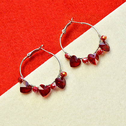 Heart Glass Beads Wire Wrapped Hoop Earrings-5