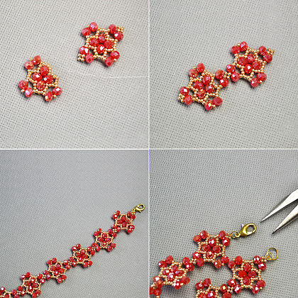 Bracelet en perles de verre galvanisées rouges et perles de rocaille dorées-6