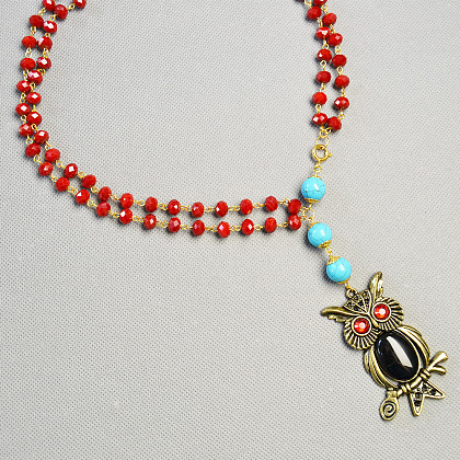 Collier à deux rangs avec pendentif hibou et perles de verre rouges-4