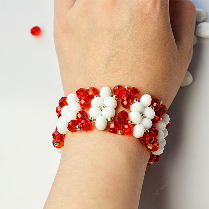 Bracelet maille large avec perles de verre blanches et rouges-8