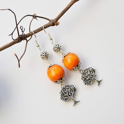 Boucles d'oreilles pendantes en forme d'arbre de style tibétain avec perles en bois orange-4