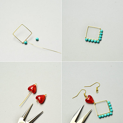 Boucles d'oreilles carrées perles turquoise avec perles coeur-3