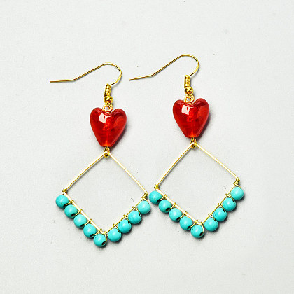 Boucles d'oreilles carrées perles turquoise avec perles coeur-4
