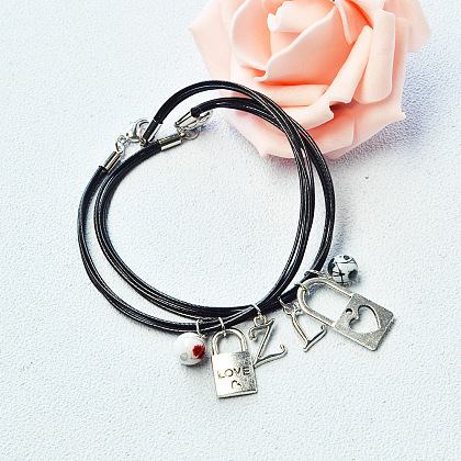 Alloy Lock Pendant Bracelets with Waxed Polyester Cords-5