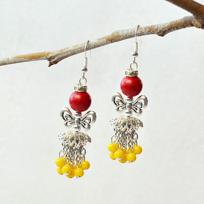 Orecchini pendenti con perline di giada con perline a farfalla in stile tibetano-4