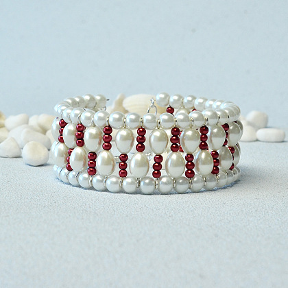Red and White Pearl Beads Bangle-5