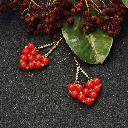 Heart-shaped Red Painted Glass Beads Stitch Earrings-5