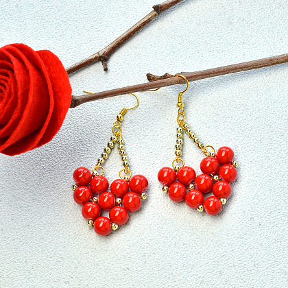Heart-shaped Red Painted Glass Beads Stitch Earrings-1